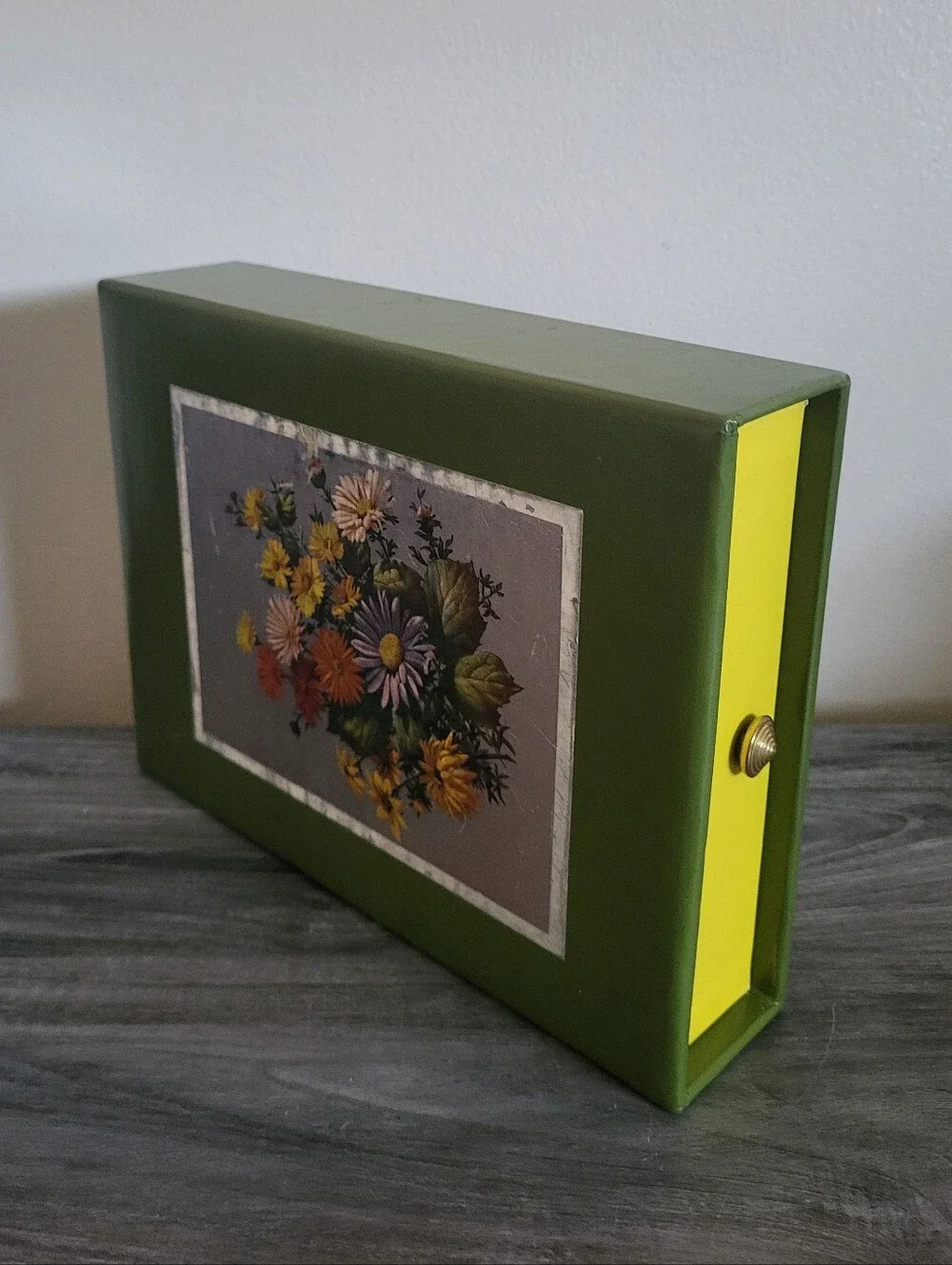 Vintage Floral Stationary Storage Drawer Box Green Yellow